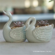 S-🍎New Succulent Ceramic Wicker Basket Portable Creative Succulent Platter Flower Pot Fresh Blue Glaze Succulent Pot Who