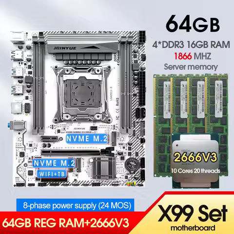 X99 DDR3 Quad channels Motherboard set LGA 2011 V3 kit xeon with E5 2666V3 CPU 4*16G=64GB DDR3 1866M