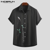 Medussa Incerun Lelaki Bercetak Lengan Pendek Baju Kerja Blaus Kasual Butang Tops Tee