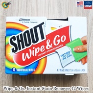 Shout® Wipe &amp; Go, Instant Stain Remover 12 Wipes แผ่นเช็ดทำความสะอาด สำหรับผ้า แบบพกพา แผ่นขจัดคราบ