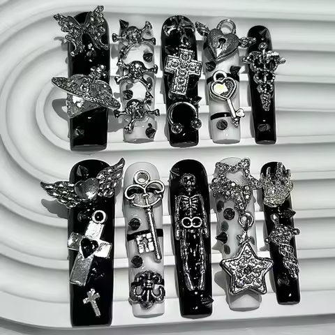 Extra Long Tube Square Y2K Black White Stripes Press On Nails Handmade Gyaru Stars Cross Fake Nails 