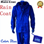 ชุดกันฝน เสื้อกันฝน มีแถบสะท้อนแสง (เสื้อแบบมีฮูท+กางเกง+กระเป๋าใส่) - น้ำเงิน