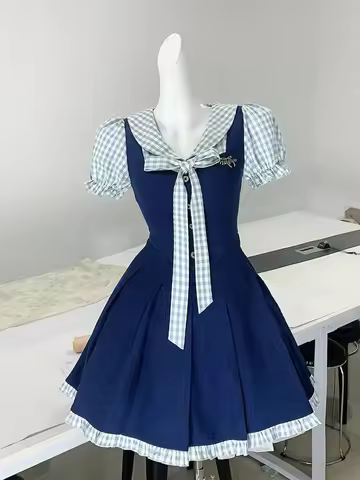 Japan Kawaii Dress Elegant Plaid Patchwork Fake 2 Piece Short Party Dress Harajuku Vintage Y2k One P