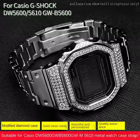 For CASIO DW-5600 GWM5610 GWB5600 DW5600 Diamond Inlaid Strap & Case Bezel Metal Band 316L Stainless