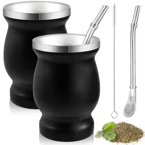 Yerba Mate Cup Double Wall Argentine Yerba Mate Gourd With Bombillas and Cleaning Brush Stainless St