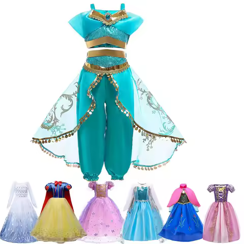 Girls Jasmine Princess Dress Children Elsa Anna Bella Rapunzel Mermaid Costume Kids Snow White Cinde