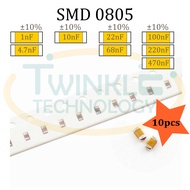 Capacitor SMD 0805 50V/25V/16V/10V C0G/NP0/X7R 10pcs 1nF 4.7nF 10nF 22nF 68nF 100nF 220nF 470nF