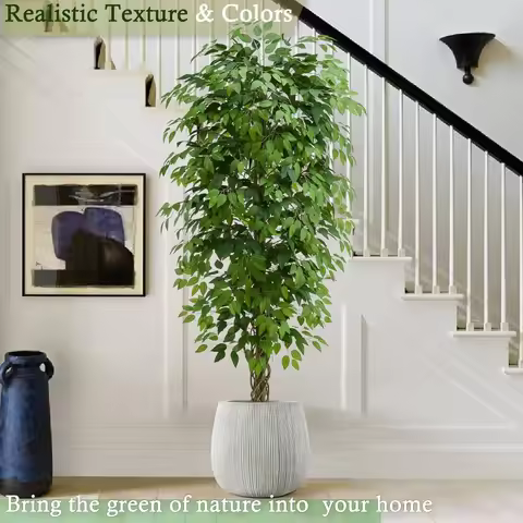 Faux Silk Floor Plant Realistic Tall Fake Ficus Large Potted with Braided Trunk Lush & Green Leaves