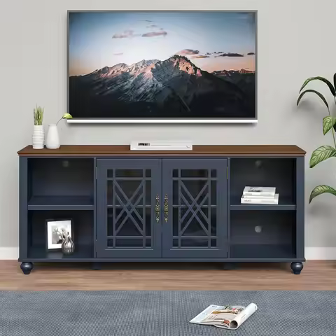 70 Inch TV Stand Entertainment Center with 2 Front Glass Doors and Shelf for TVs up to 80", Farmhous