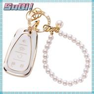SUQI Key Fob Cover, Gold Edge TPU Key  Shell, Car Key Fob Accessories White Pearl with Pearl Car Keychain for Lexus