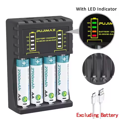 AA/AAA Battery Charger 4 Slots Intelligent LED Display Type USB C Charger For Ni-MH/Ni-Cd Rechargeab