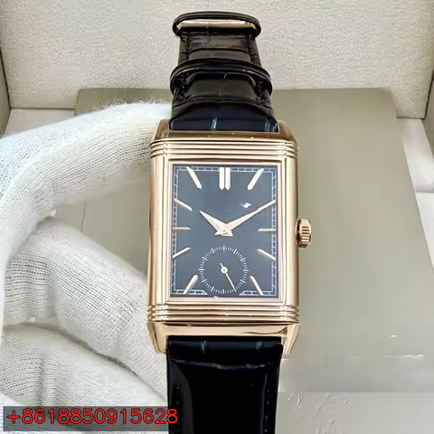 Men's Mechanical Hand Wind Rectangular Reversible Dress Watch, Leather Strap, Rose Gold Tone Alloy C