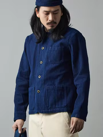 Indigo Handmade Plant Blue Dyed Jacket Casual Versatile French Work Jacket Sashiko Long-Sleeved Jack