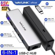 WAVLINK ฮับ USB C 6-In-1ตัวแยก Usb-C แบบสากลพร้อม HDMI 4K 30Hz 3.0 3 USB อีเธอร์เน็ตกิกะบิตส่งกำลัง1