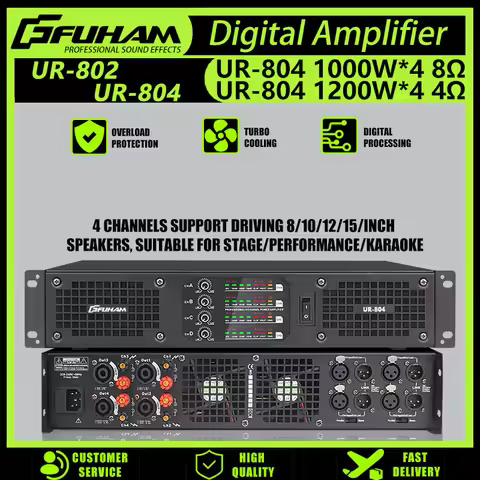 FUHAM UR804 Digital Power Amplifier 1000W 4-Channel 8-Ohm Audio, for Disco, Subwoofer Speakers, Stag