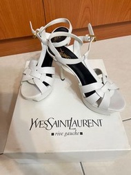 YSL Saint Laurent 白色皮革厚底细跟鞋/涼鞋