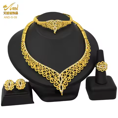 Flower Tassel Necklace Earrings Ring Bracelet Bride 4-Piece Set Women 24K Gold AU999 - Gold enhances