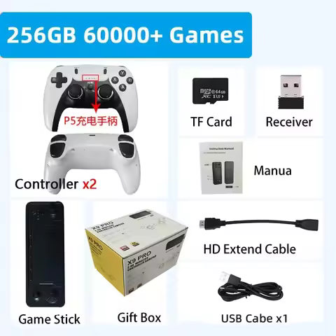 charge Controller X9 Pro Retro 4K 3D Game Stick TV HD Video Game Console 905X3 Chip 256G 60000 Games
