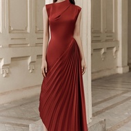 Vietnam Niche Designer Same Style2024Spring and Winter New Dress Wine Red Irregular Evening Dress