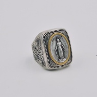 European American 925 Silver Hand-Inlaid Retro Artistic Belief Holy Brand Ancient Coin Ring Men Open