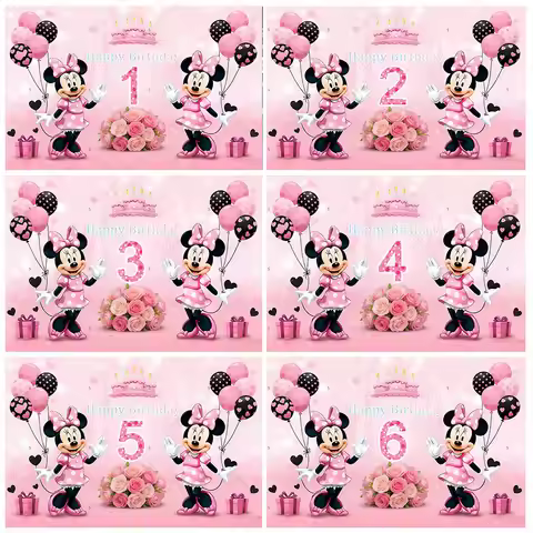 Cartoon Minnie Mouse Background 1-27th Birthday Party Decoration Pink Balloon Backdrop Supplies Baby