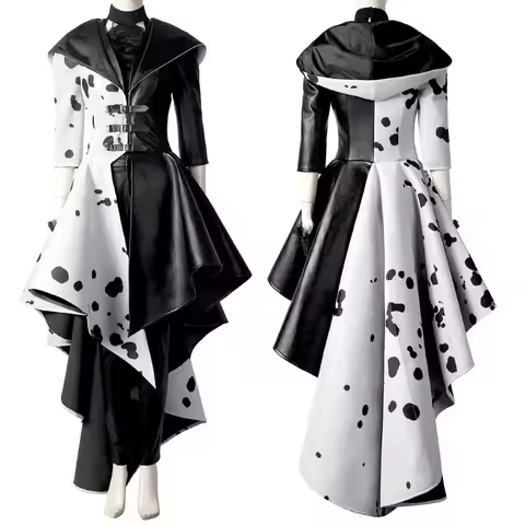 Black White Cruella Cosplay Costume Halloween Comic Con Outfit Coat Top Pants Full Set and Individua