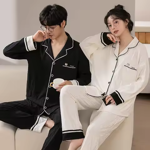 Korean Fashion Homewear Men's Cotton Pajamas Set Women Nightwear Home Clothes Male Sleeping Tops Pan