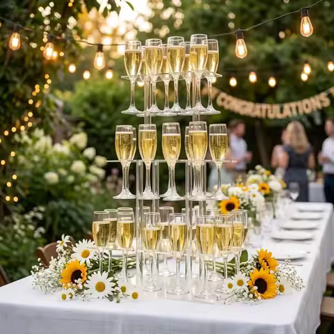 Champagne Tower Stand 3 Tier with 32 Slots, Rectangular Acrylic Champagne Flute Holder for Wedding R