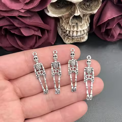 12pcs Charms Skull Skeleton Man 39x9mm Antique Silver Color Plated Pendants Making DIY Handmade Tibe