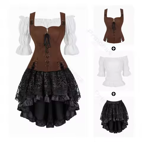 Pirate Dress Costume Halloween Cosplay Outfit Medieval Renaissance Dress Shoulder Off Women Costume 