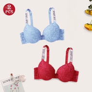 PARIFAIRY 2pcs Woman Lace Bra Red And Blue Bling Bling Rhinestone Straps Small Size Molded Cup Bras 