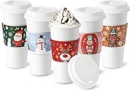 Fit Meal Prep 50 Pack 24 oz Christmas Disposable Coffee Cups with Lids, Sleeves, Leak-Proof To Go Co