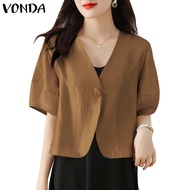 VONDA Women Korean Casual V-Neck Solid Color Short Sleeve Blazer