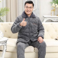 中老年男士夾棉睡衣冬季三層加絨加厚兩件套老人冬天家居服送爸爸