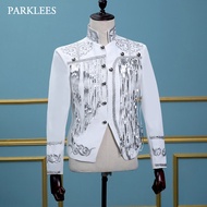 เสื้อเบลเซอร์กลิตเตอร์ประดับเลื่อมพู่แบบแวววาวชุดผู้ชายปักลายดอกไม้สีขาวสำหรับนักร้อง Grooms เสื้อแจ็คเก็ต Paillette สำหรับผู้ชาย2XL
