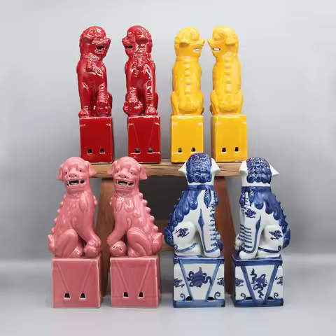 Pair of Foo Dogs, Fu Dogs, Buddha Dogs, Chinese Guardian Lions, Ceramic Sculpture, Home Decoration
