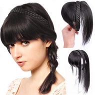 Women Remy Human Hair Topper with Bangs 10x10cm Breathable Lace Net Base Braided Headband Hairpiece 