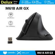 Delux M618AIR GX เมาส์แนวตั้งไร้สาย 2.4G ที่มี DPI สูงสุด 2400 ปุ่ม 6 ปุ่ม คลิกเงียบสำหรับมือเล็ก ใช