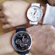 代購Armani手錶 AR5905 AR5906男女情侶對錶 黑色白色時尚運動石英錶 商務休閒男錶女錶 三眼計時日曆防水腕錶