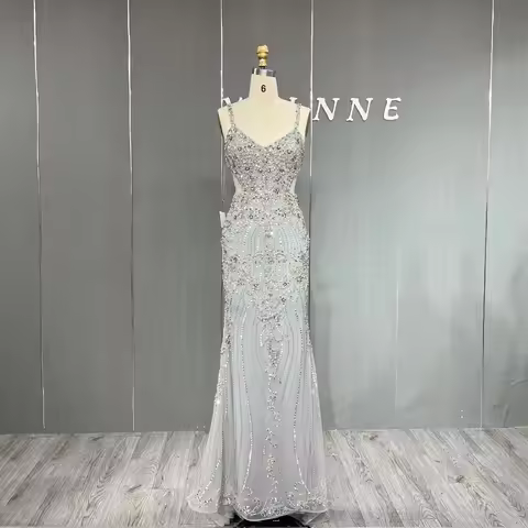 YQLNNE Luxury Silver Crystals Beaded Evening Dresses Pageant Long Straps Tulle Red Carpet Party Gown