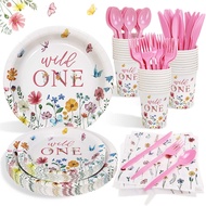 Wild One Birthday Decorations Girl Wildflower Plates Set 25 GuestsSpring Wild Flower 1st first Party