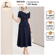 Đầm công sở CITI MODE FASHION thiết kế Đầm xòe tím than cổ nhún hoa vai DH5649