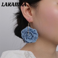 LAKAMKA Blue Rose Earrings, Ornament Exaggerate Denim Blue Fabric Earrings, Denims Handmade Denim Fl