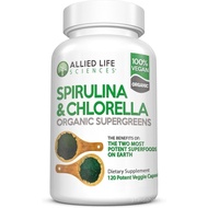AlliedLifeSpirulinaandChlorella|OrganicChlorophyllVeganProteinPowderGreenSuperfood|120Capsules LDYE 
