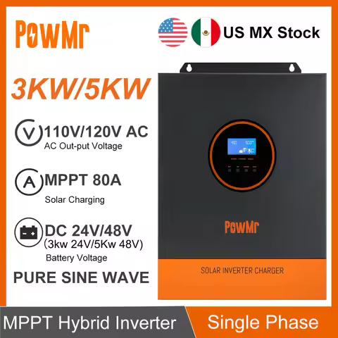 US MX Stock Single Phase 3KW 5KW 110V/120VAC Output Pure Sine Wave Power Hybrid Inversor DC 24V 48V 