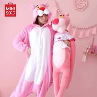 ใหม่ Miniso Pink Panther Flannel  ชุดนอน Kawaii เด็กการ์ตูนคอสเพลย์ Coral Velvet ชุดนอน Warm Hoodie Sleepsuit