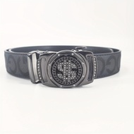 TEMU 1pc Men's Rotating Dollar Sign Belt Buckle - Stylish Black Leather Belt With Rhinestone Detail,