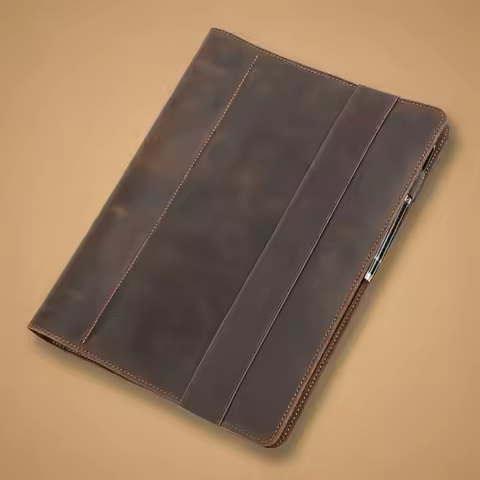 Refillable Business Padfolio Vintage & Design A4 Leather Binder Crazy Horse Leather Folder Multi-Fun