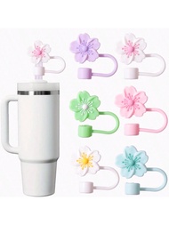 1/2/3/4/5/6/7/8pcs Cartoon Flower Straw Cover Cap For Cup, Silicone Straw Topper Fit 30 & 40 Oz Tumb