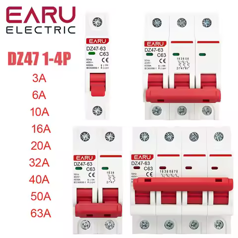 DZ47 1-4 Pole 3A 6A 10A 16A 20A 32A 40A 50A 63A 400V C Type Mini Circuit Breaker MCB 35mm Din Rail M